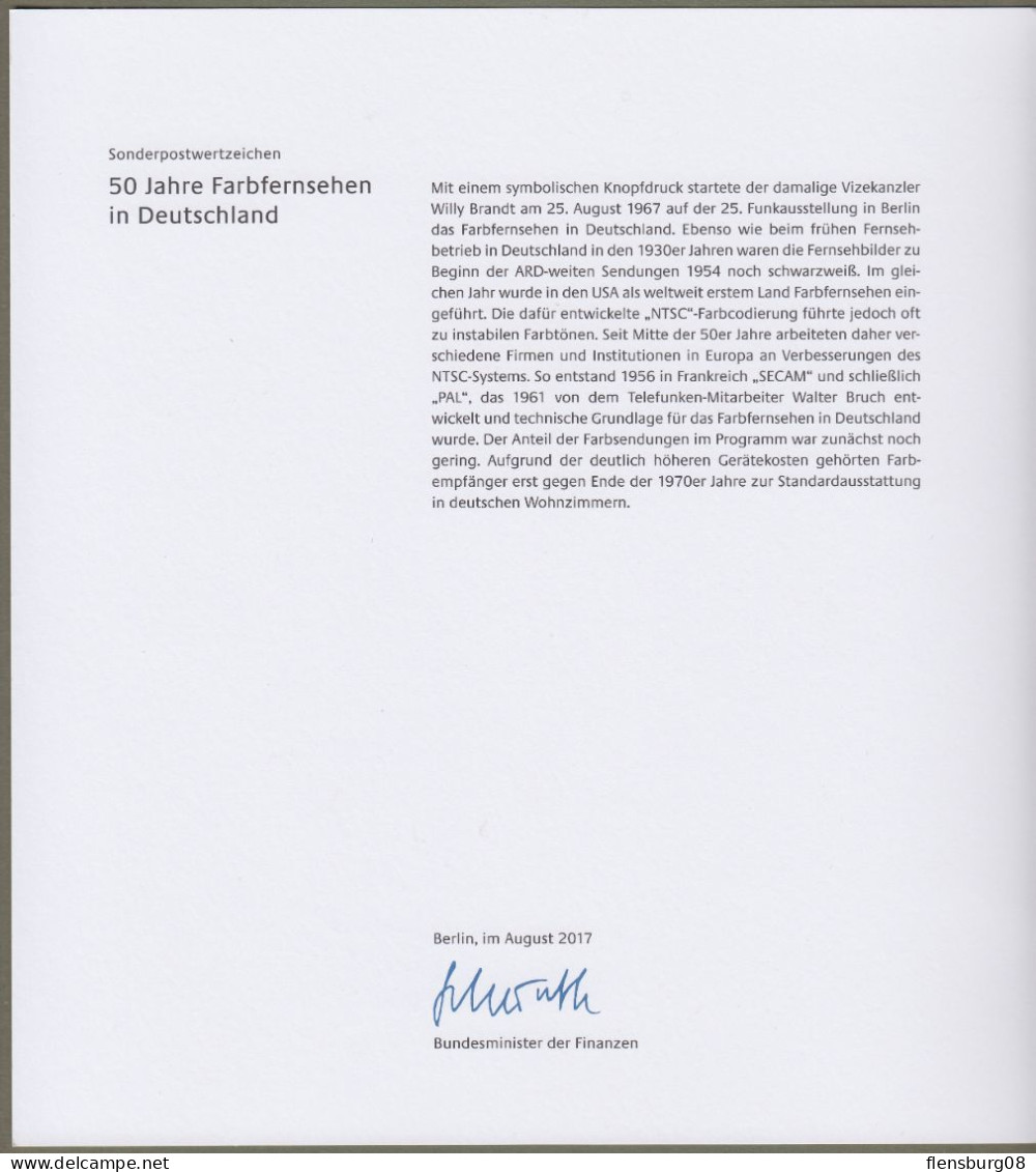 Bund: Minister Card - Ministerkarte Typ VIII, Mi-Nr. 3329 ESST: " 50 Jahre Farbfernsehen " RR X - Covers & Documents