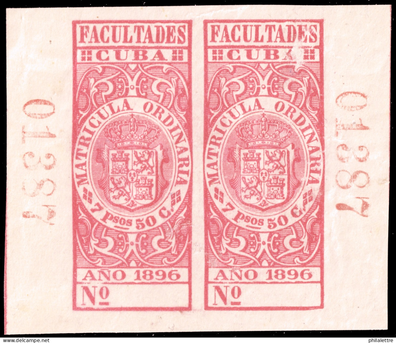 ESPAGNE / ESPANA - COLONIAS (Cuba) 1896 Matricula Ordinaria "FACULTADES" Fulcher 1065 2x 7P50 Rosa (n°01387) - Nuevo* - Cuba (1874-1898)