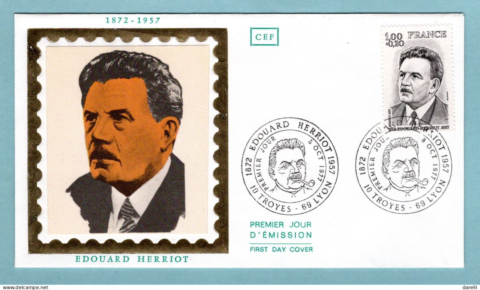 FDC France 1977 - Edouard Herriot - Homme D'État - YT 1953 - 10 Troyes Et 69 Lyon (soie) - 1970-1979