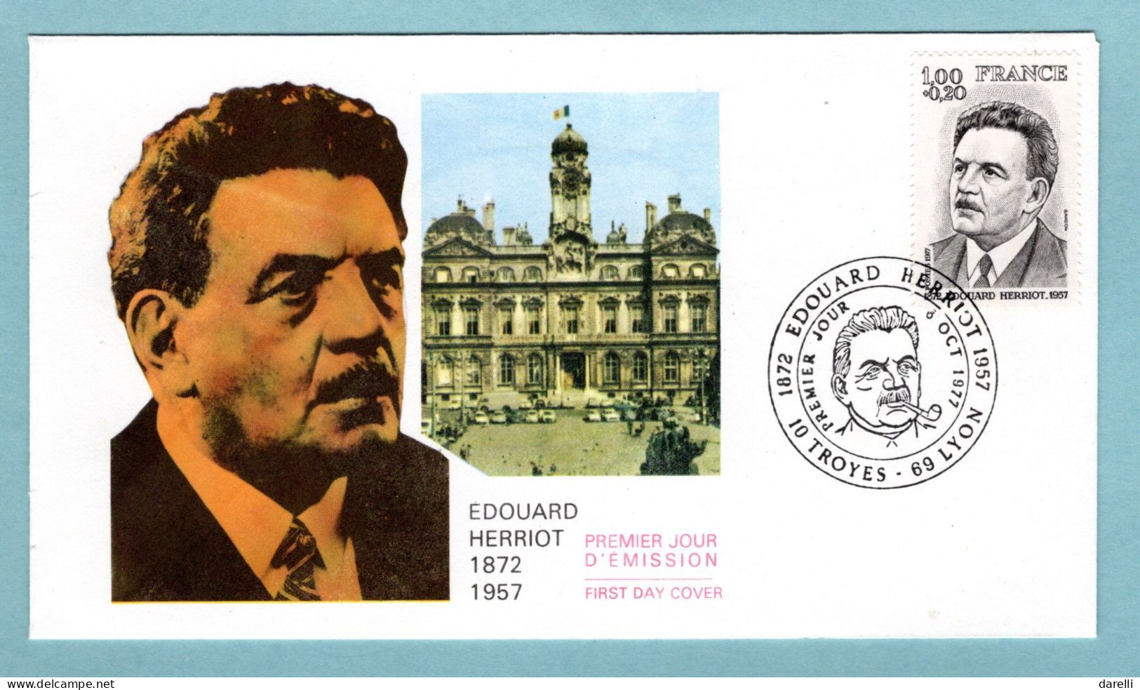 FDC France 1977 - Edouard Herriot - Homme D'État - YT 1953 - 10 Troyes Et 69 Lyon - 1970-1979