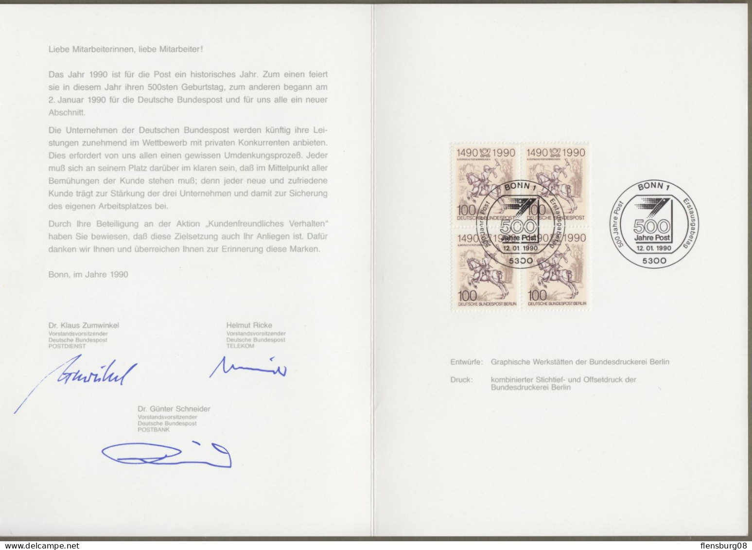 Bund: Minister Card - Ministerkarte, Mi-Nr. 1445 ESST, " 500 Jahre Post - Aktion Kundenfreundliches Verhalten "   X - Storia Postale