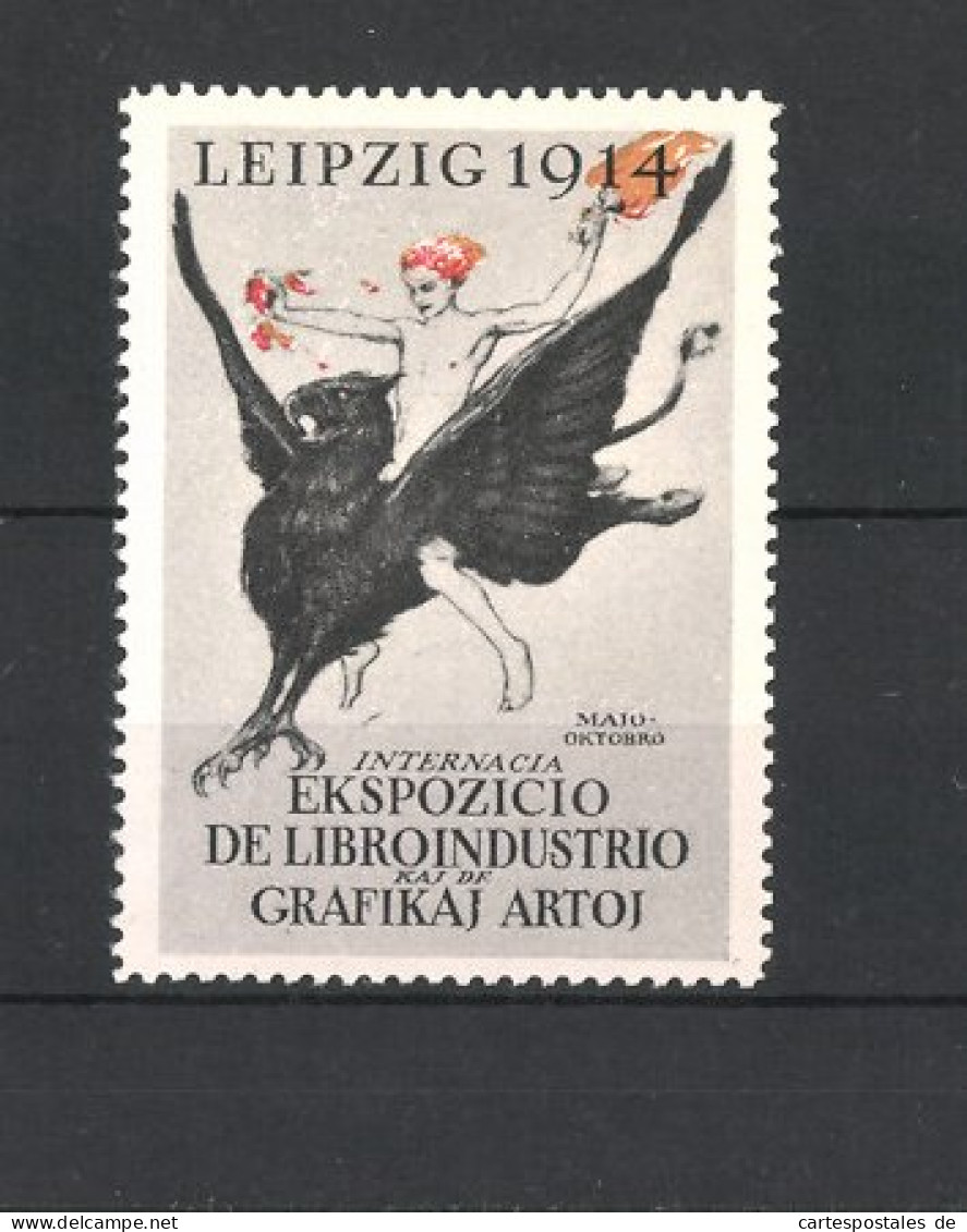 Reklamemarke Leipzig, Internacia Ekspozicio De Libroindustrio Kai De Grafikaj Artoj 1914, Nackter Mann Reitet Greif  - Vignetten (Erinnophilie)