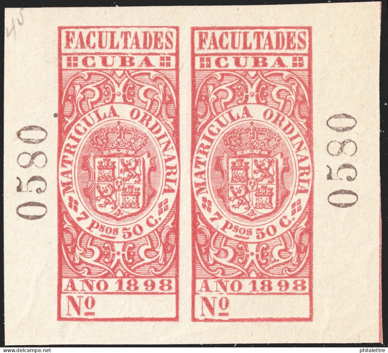 ESPAGNE / ESPANA - COLONIAS (Cuba) 1898 Matricula Ordinaria "FACULTADES" Fulcher 1067 2x 7P50 Rosa (n°05807) - Nuevo* - Cuba (1874-1898)