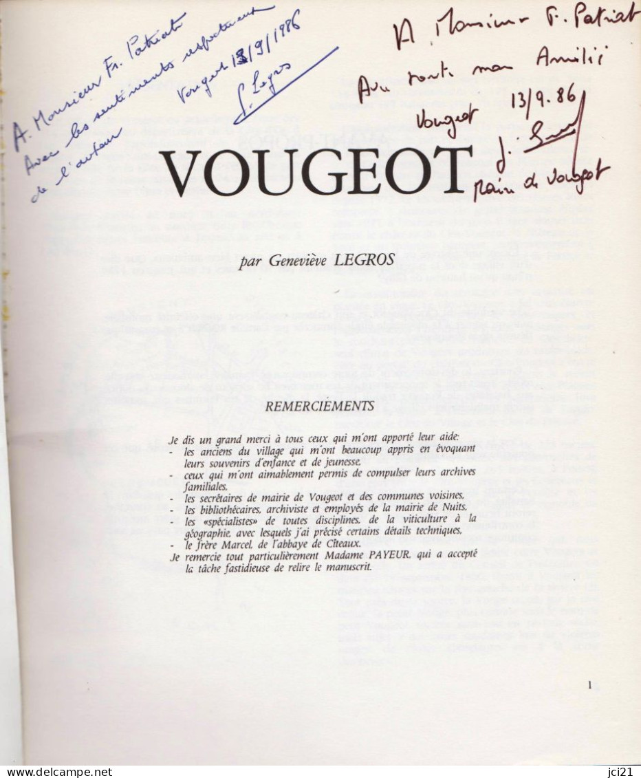 Opuscule De 63 Pages Dédicacé Sur " VOUGEOT " Par Geneviève Legros _RL207a -c - Altri & Non Classificati