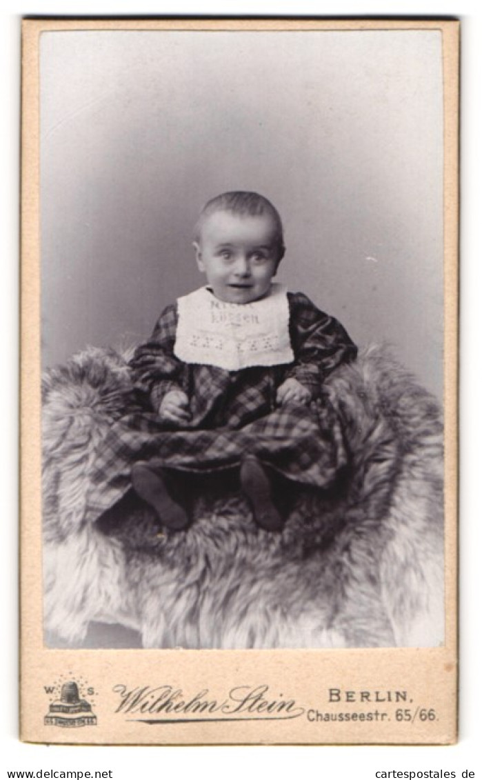 Fotografie Wilhelm Stein, Berlin, Portrait Niedliches Kleinkind Im Karierten Kleid Auf Fell Sitzend  - Anonymous Persons