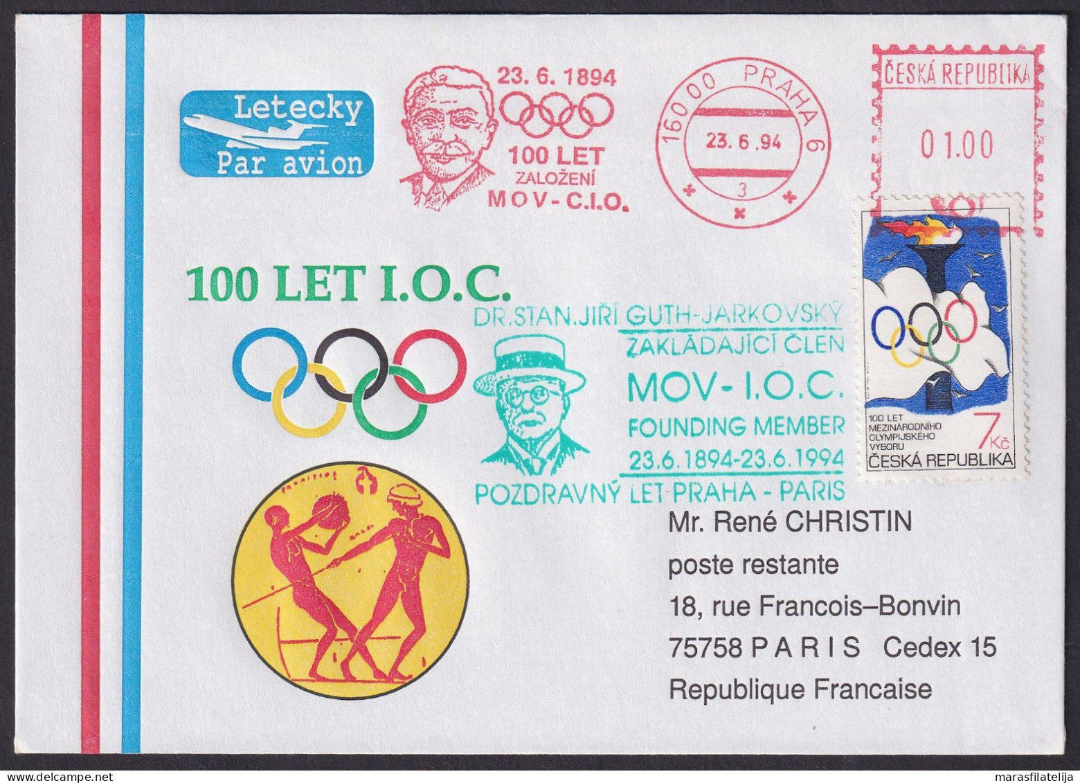Czech 1994, 100 Years Of The International Olympic Committee, Special Envelope And Postmark - Otros & Sin Clasificación