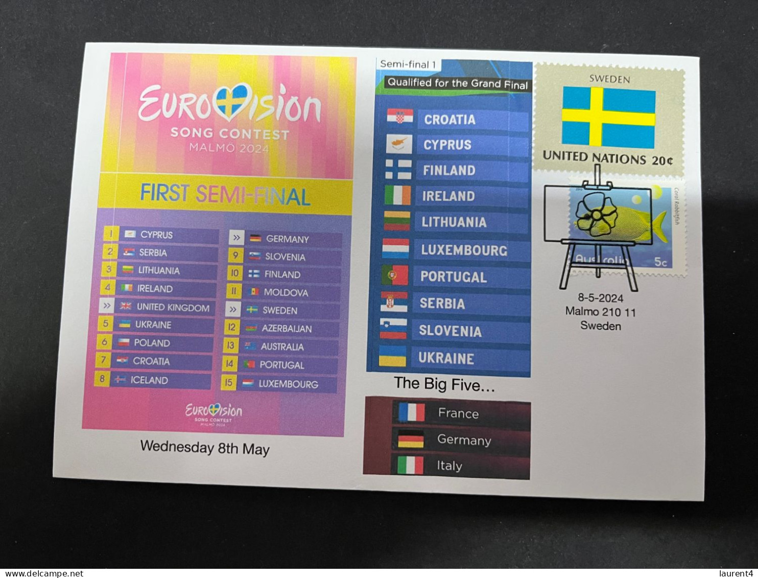 9-5-2024 (4 Z 32) Eurovision Song Contest 2024 - Semi-Final 1 On 8-5-2024 (with Sweden Flag Stamp) - Music