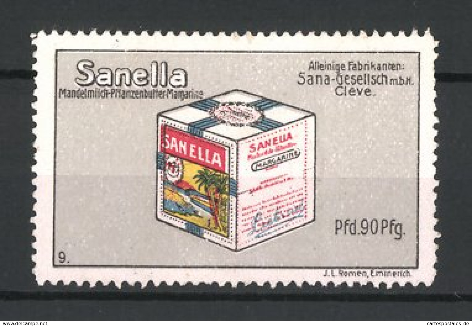 Reklamemarke Sanella Mandelmilch-Margarine, Sana-Gesellschaft, Cleve, Margarinewürfel  - Cinderellas