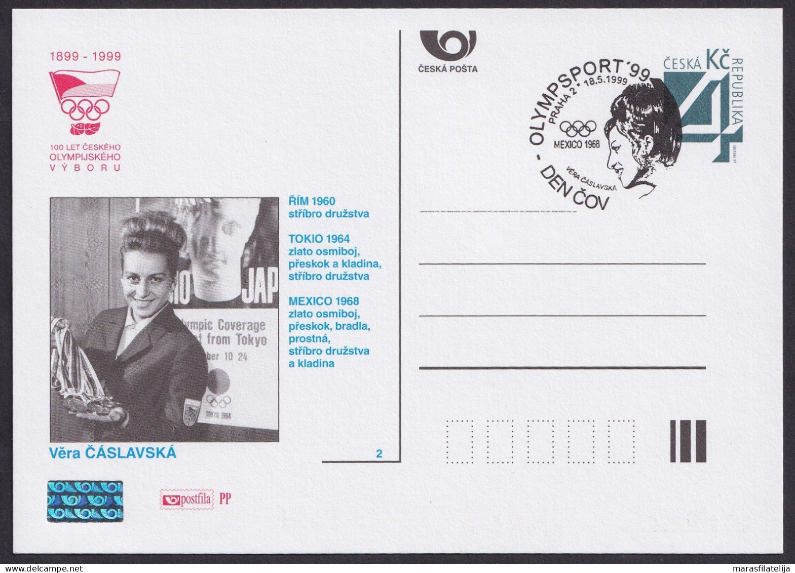 Czech 1999, Olympic Medals - Gymastic; Vera Časlavska, Special Card & Postmark - Autres & Non Classés
