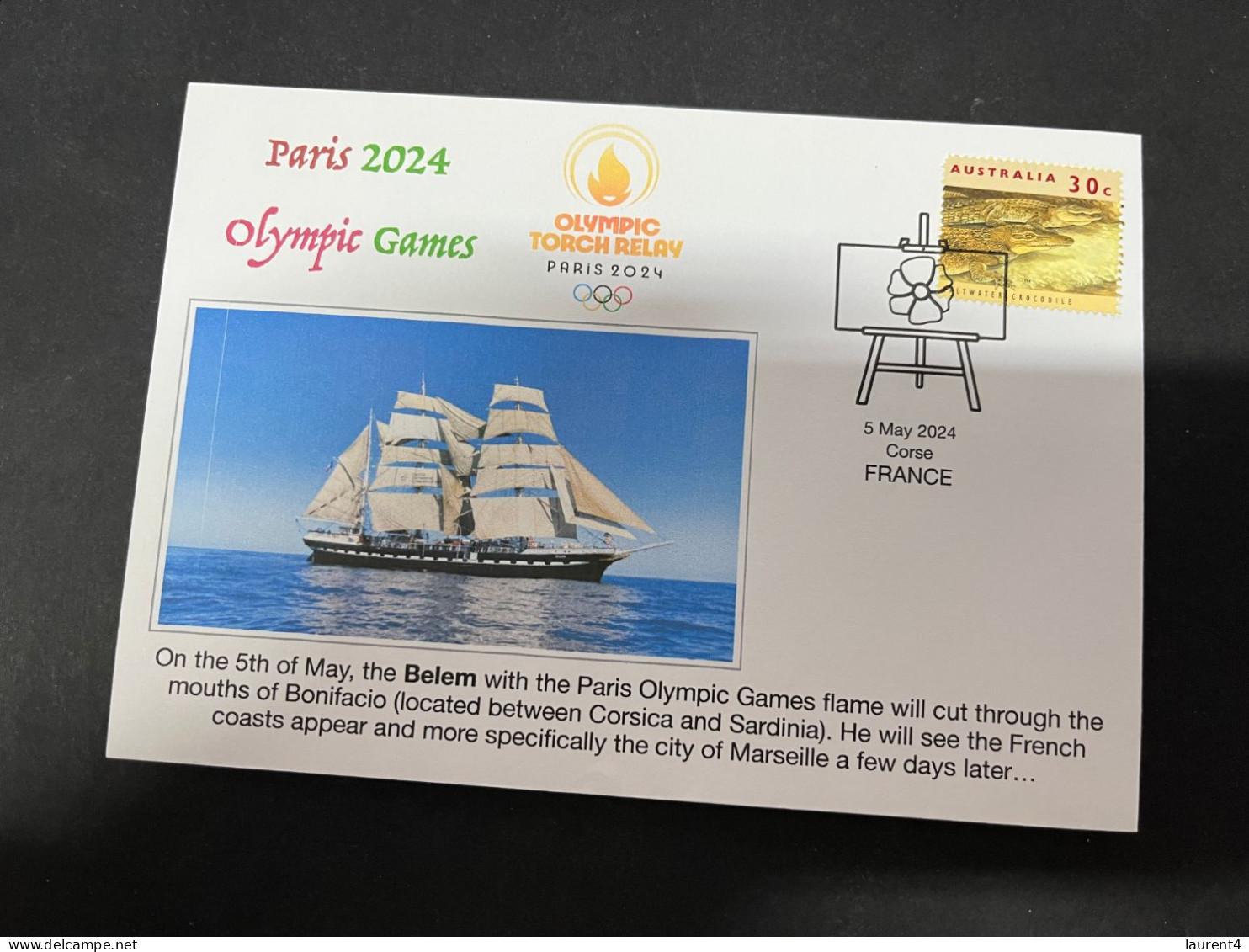 9-5-2024 (4 Z 32) Paris Olympic Games 2024 - The Olympic Flame Travel On Sail Ship BELEM Via The Mouths Of Bonifacio - Sommer 2024: Paris