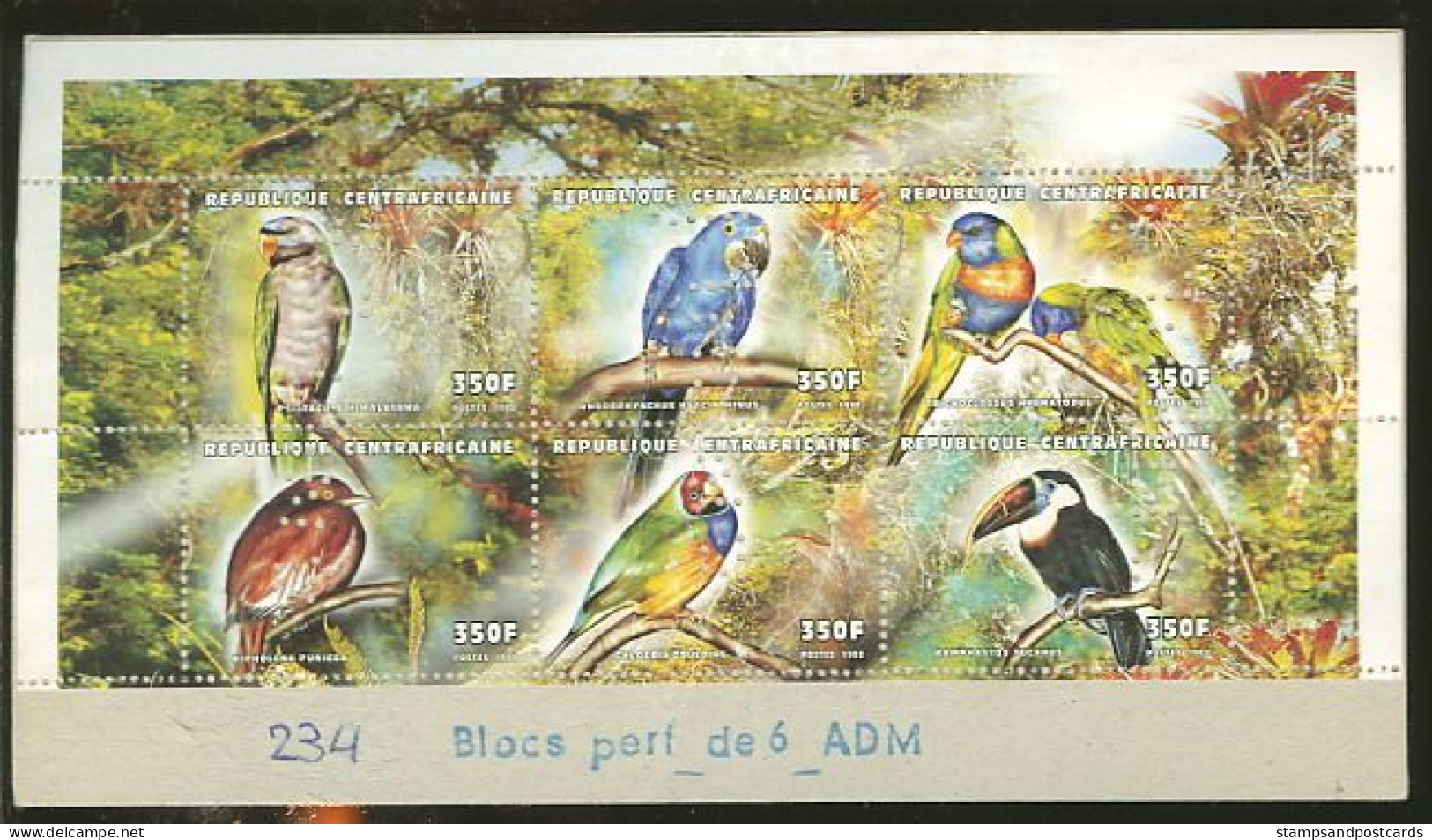 Republique Centrafricaine Feuillet Perforation Perfin SPECIMEN Oiseau Perroquet Tucano 1998 Central Africa Bird Parrot - Parrots