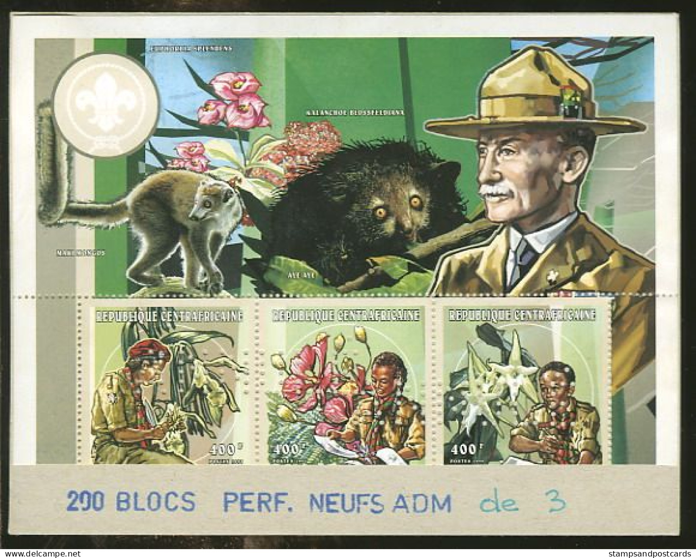 Republique Centrafricaine Bloc Perforation Perfin SPECIMEN Scoutisme Scouts Baden Powell Fleurs 1998 Central Africa - Unused Stamps