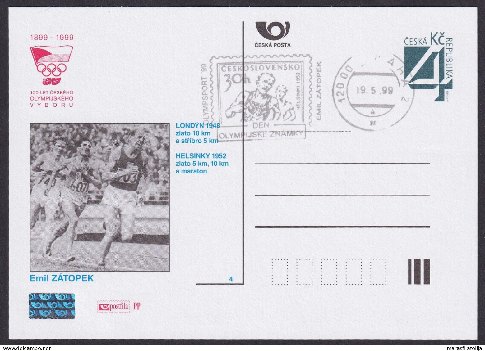 Czech 1999, Olympic Medals - Athletics; Emil Zatopek, Special Card & Postmark - Sonstige & Ohne Zuordnung