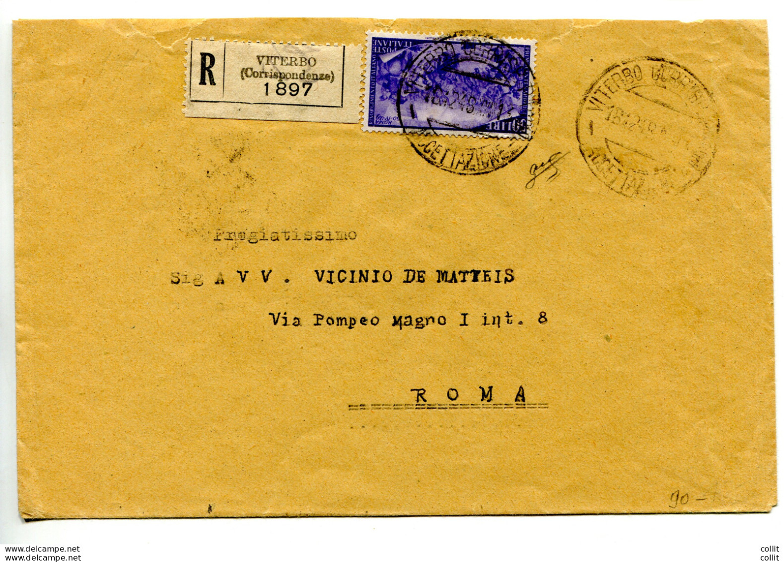 Risorgimento Lire 50 Isolato Su Busta Racc. Per Roma - 1946-60: Poststempel