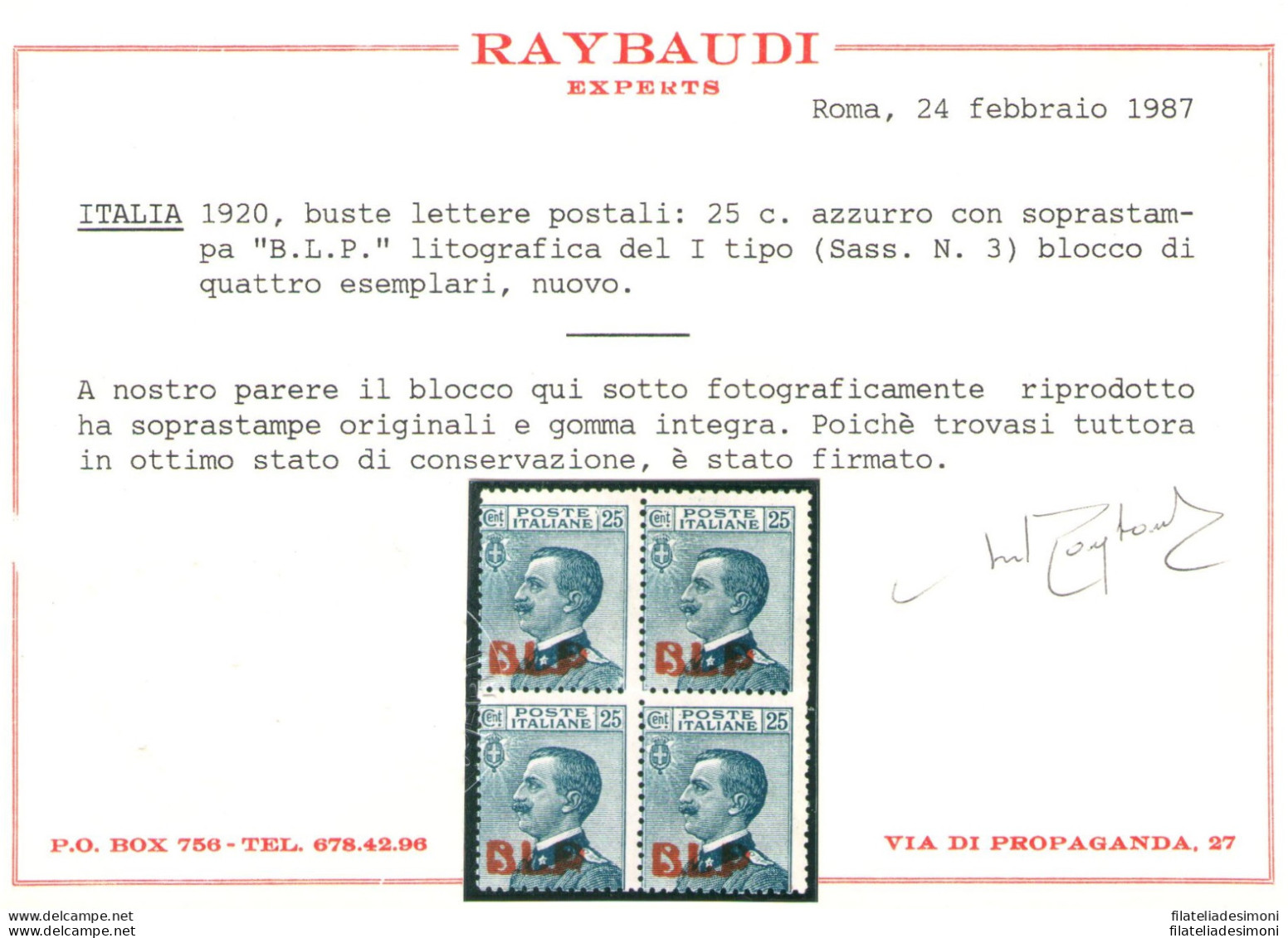 1921 Regno Di Italia , BLP N° 3 , 25 Cent Azzurro , Soprastampa Litografica I° Tipo , Centratura Mediocre , MNH** - Ce - Stamps For Advertising Covers (BLP)