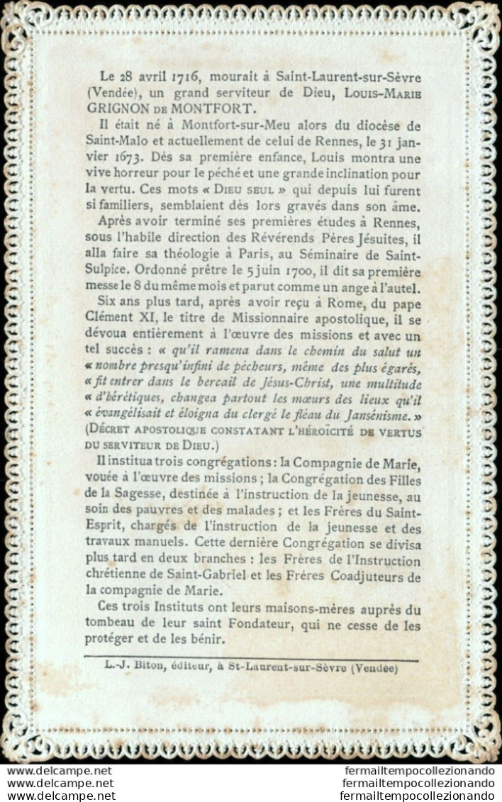 Bm38 Antico Santino Holy Card Merlettato Louise Marie Grignon De Montfort - Devotieprenten