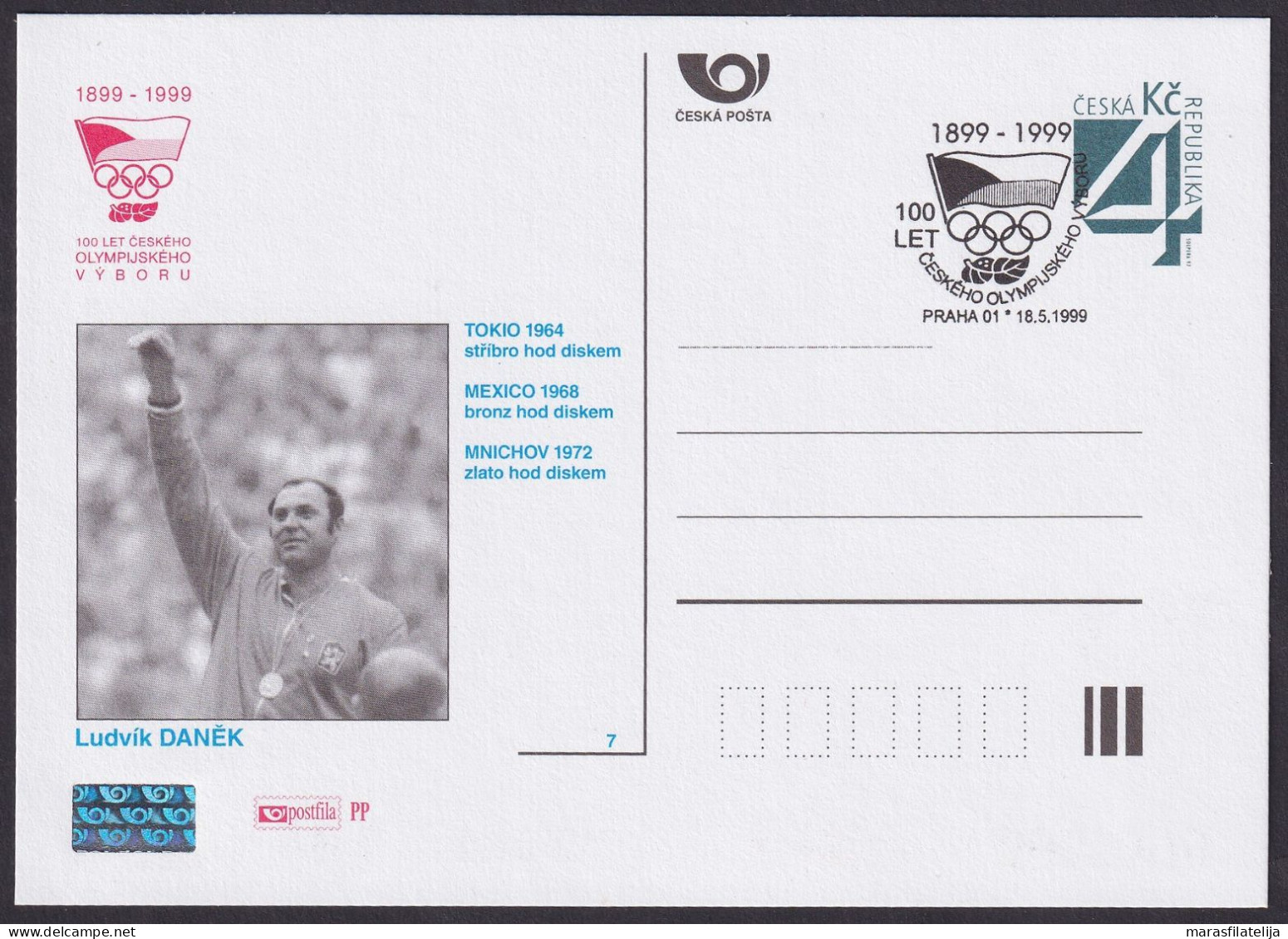 Czech 1999, Olympic Medals - Discus; Ludvik Danek, Special Card & Postmark - Autres & Non Classés
