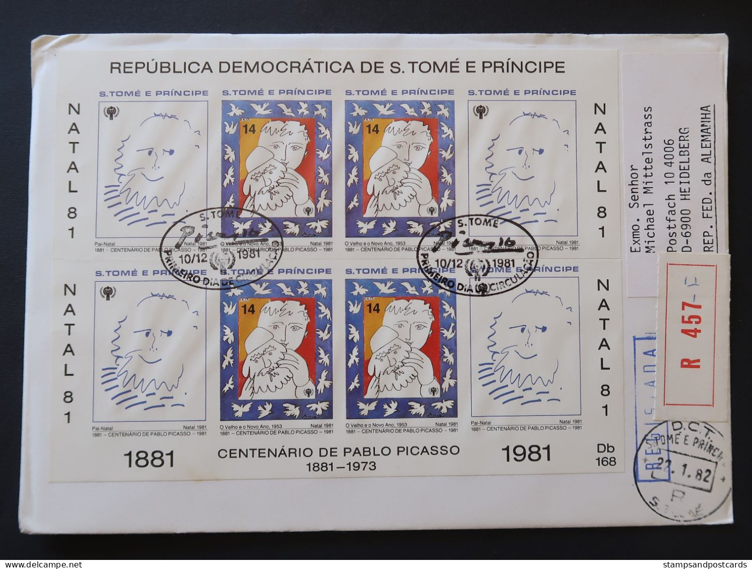 Sao Tome Et Principe FDC Recommandé 1981 Feuillet Pablo Picasso NON DENTELÉ St Thomas & Prince IMPERFORATED Sheetlet FDC - Picasso