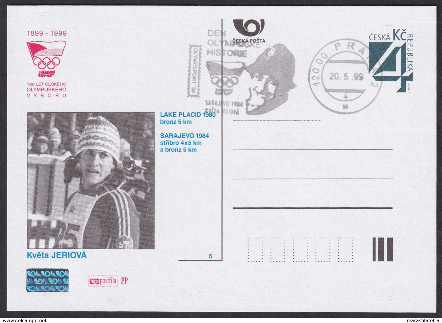 Czech 1999, Olympic Medals - Cross-Country Ski; Kveta Jeriova, Special Card & Postmark - Andere & Zonder Classificatie