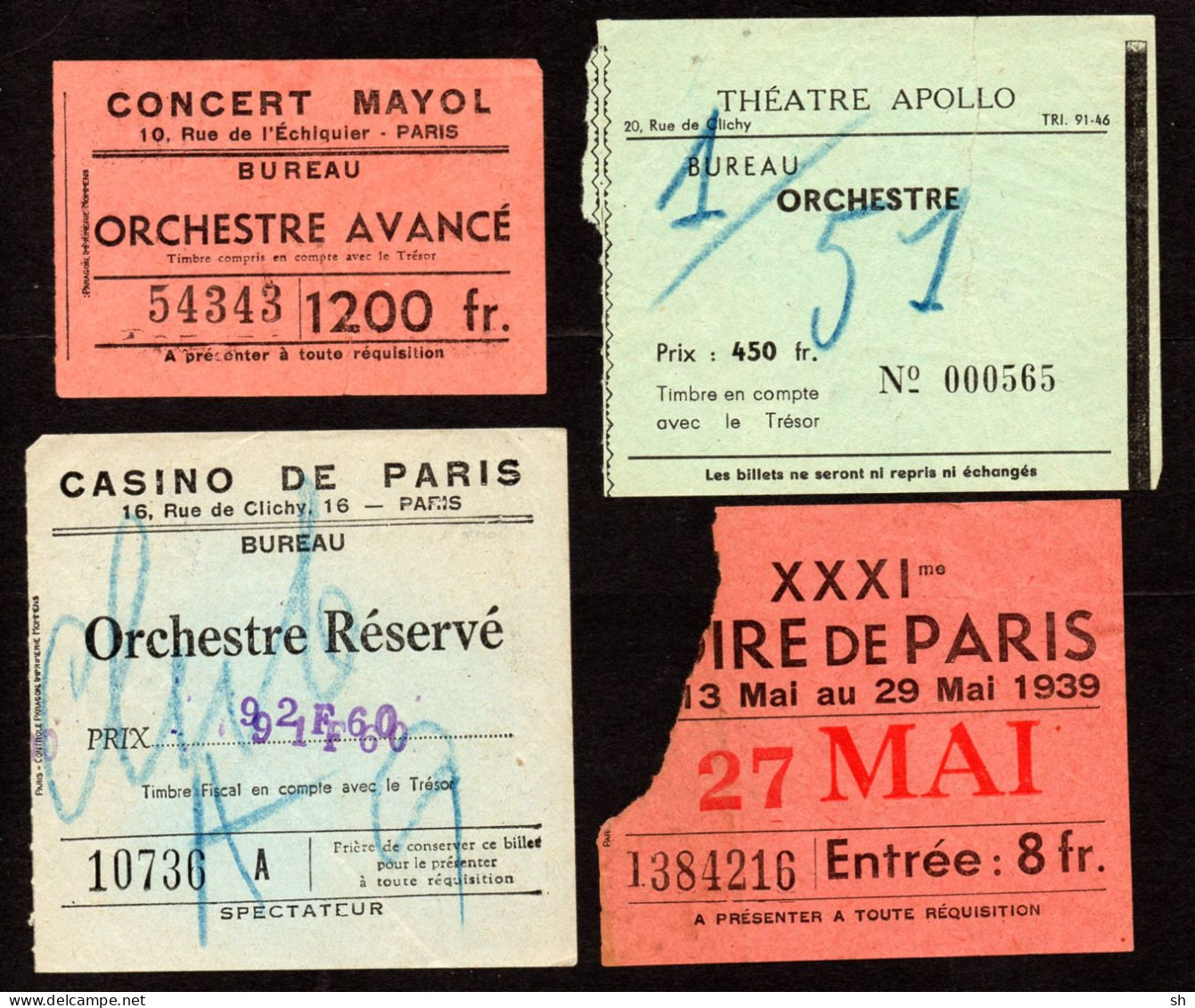 PARIS - 4 Tickets Entrée -  Concert MAYOL - FOIRE DE PARIS 1939 - CASINO DE PARIS - THEATRE APOLLO - ORCHESTRE - Eintrittskarten
