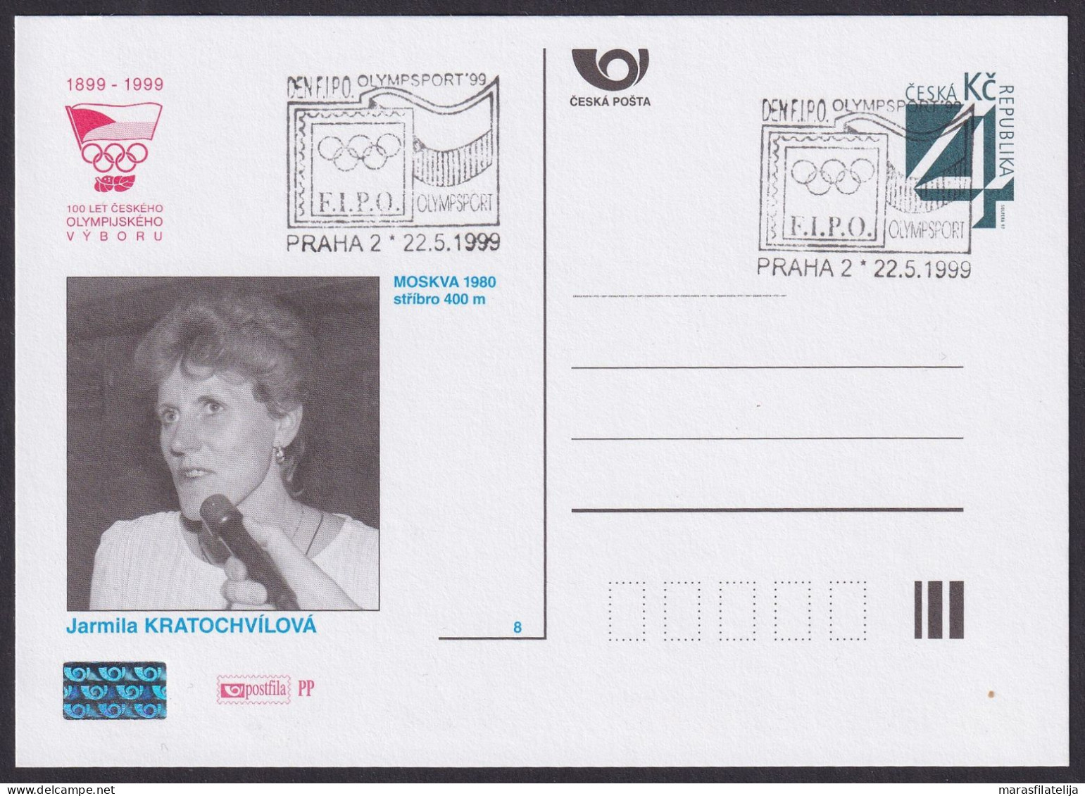 Czech 1999, Olympic Medals - Athletics; Jarmila Kratochvilova, Special Card & Postmark - Altri & Non Classificati
