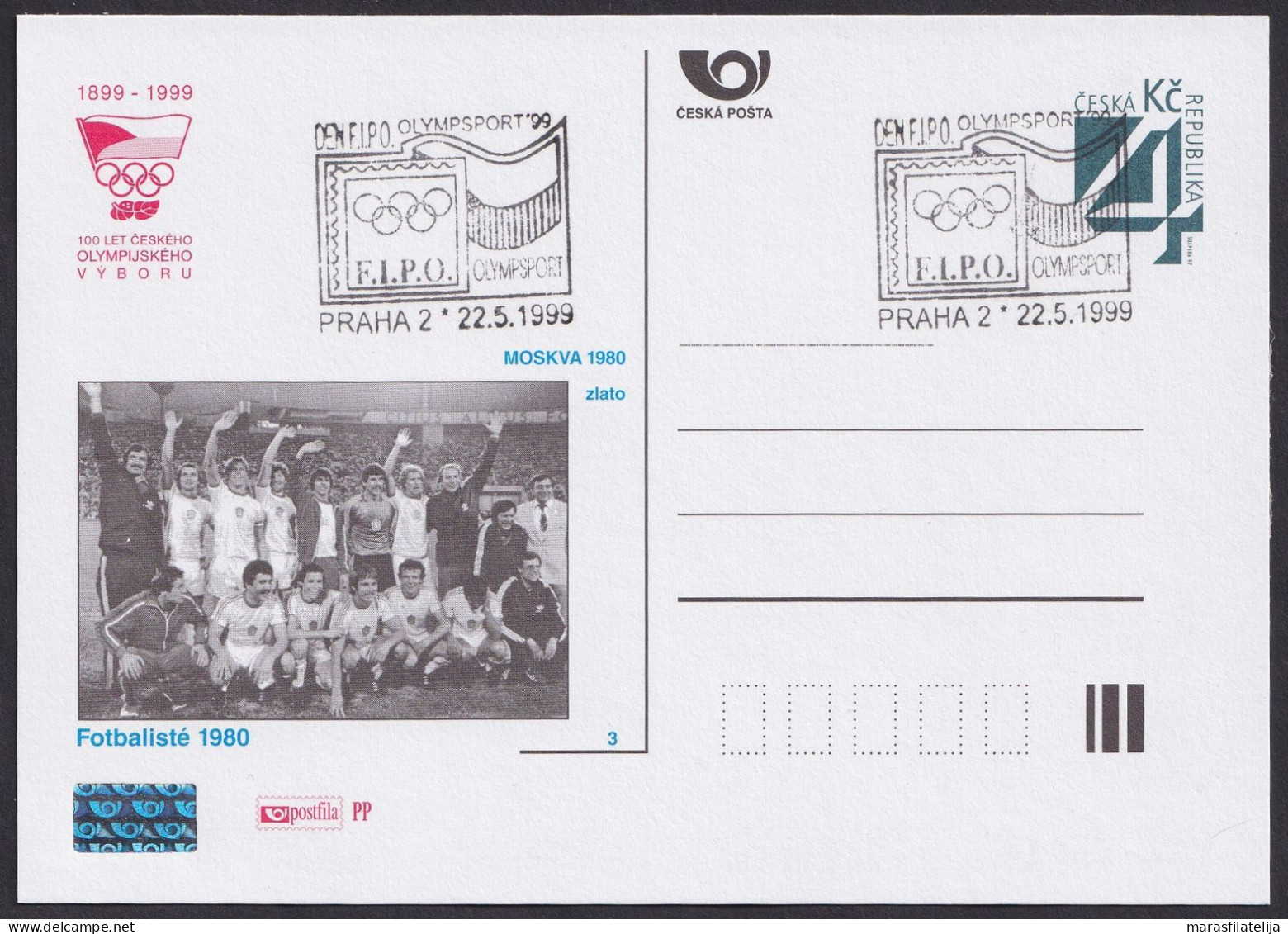 Czech 1999, Olympic Medals - Football, Special Card & Postmark - Sonstige & Ohne Zuordnung