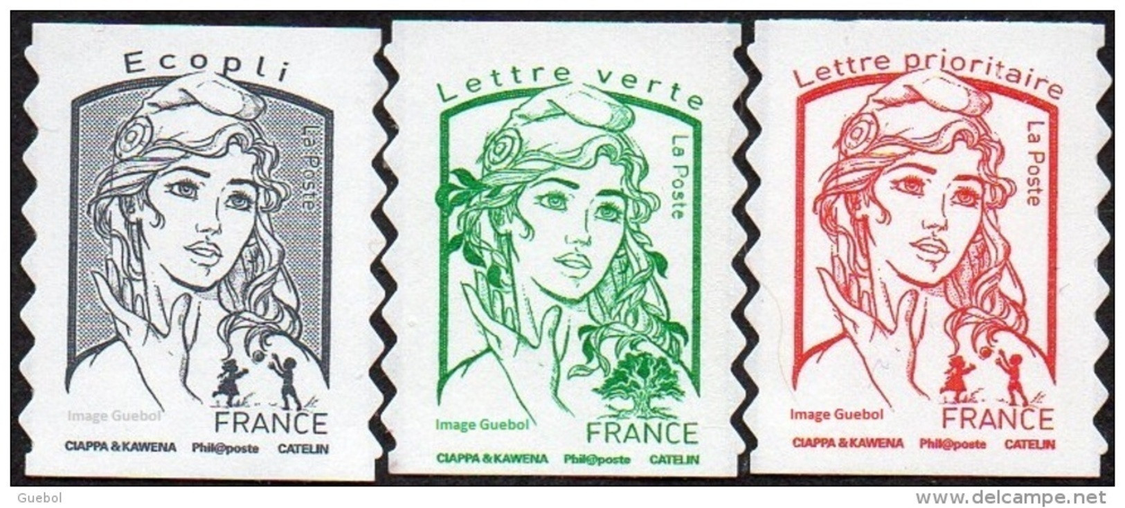 France Autoadhésif ** N° 1214, +1215 +1215 A - Marianne De Ciappa, Eco. Vert, Rouge Sans Les Poids (Verso Blanc) - Ongebruikt