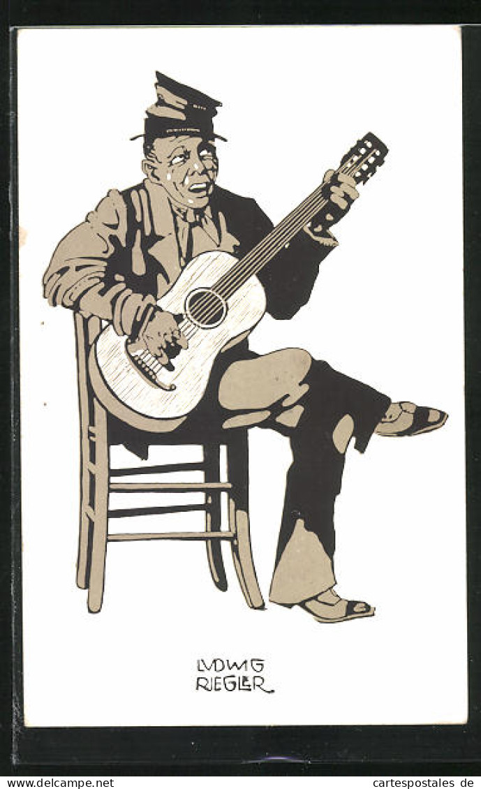 Künstler-AK Sign. Ludwig Riegler: München, Ausstellung 1910, Mann Mit Gitarre Auf Stuhl Sitzend  - Tentoonstellingen