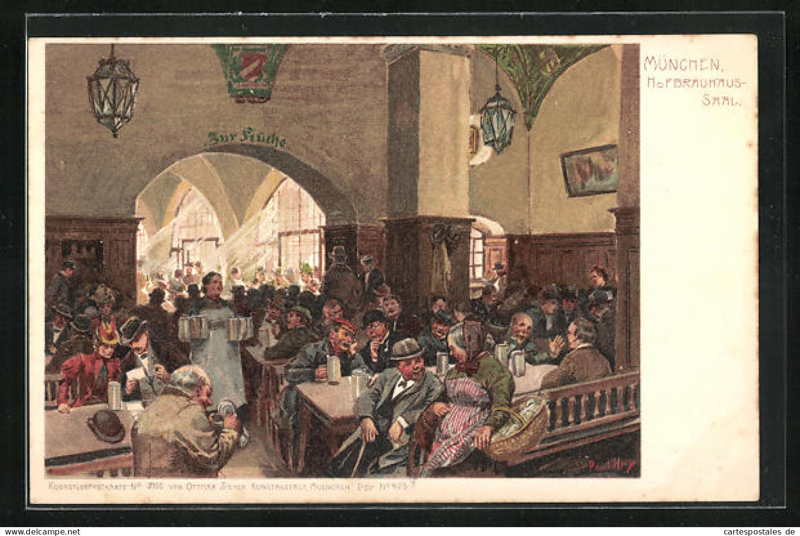 Künstler-Lithographie Paul Hey: München, Gasthof Hofbräuhaus, Saal Mit Durchgang Zur Küche  - Hey, Paul