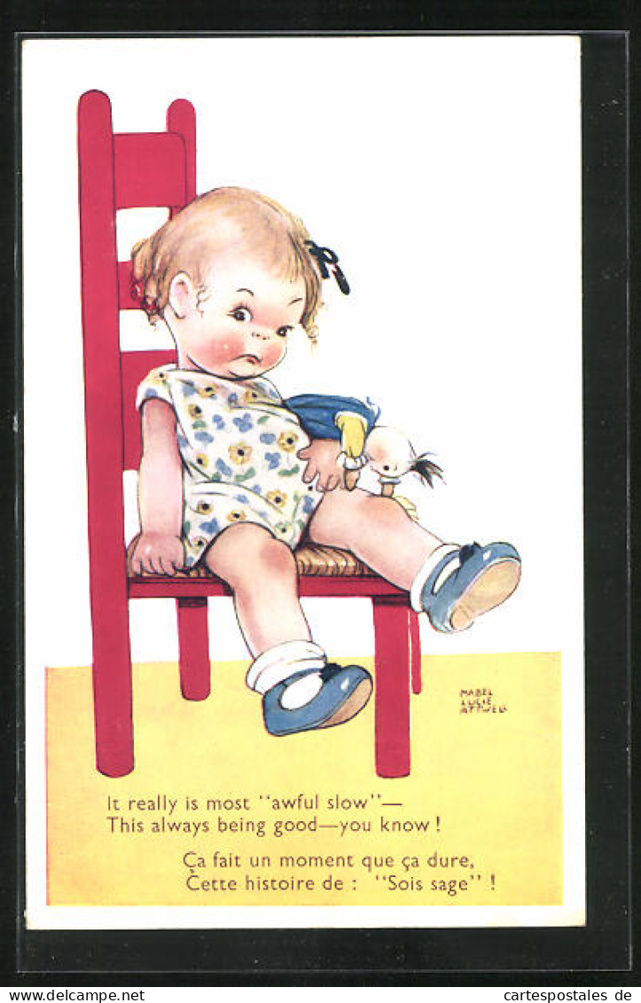 Künstler-AK Mabel Lucie Attwell: Kleines Mädchen Mit Puppe, Traurig Auf Einem Stuhl Sitzend  - Attwell, M. L.