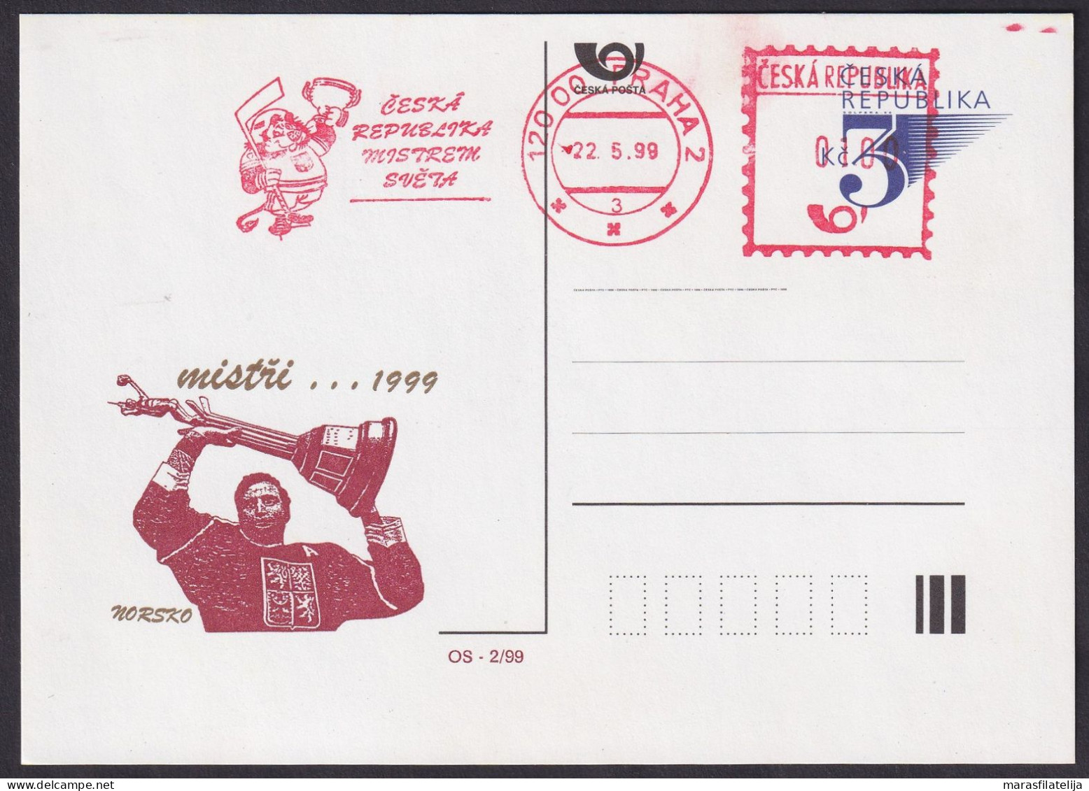 Czech 1999, Ice Hockey - Czech Republic World Champion, Special Card & Postmark - Otros & Sin Clasificación