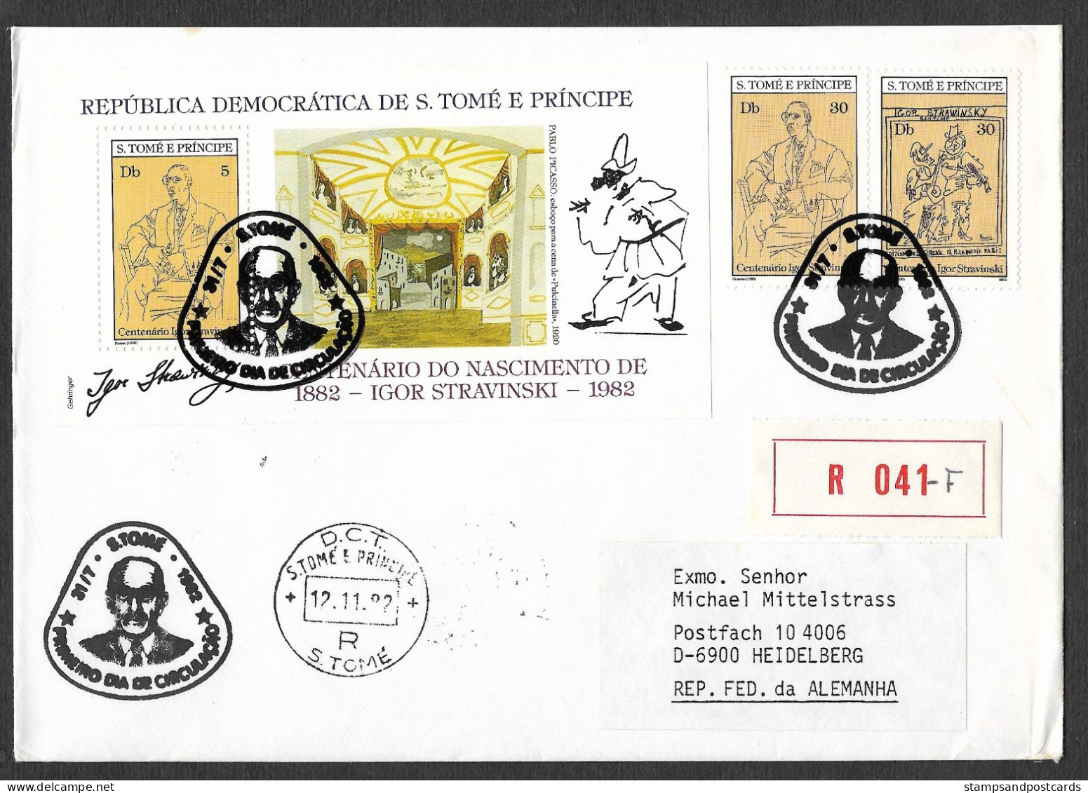 Sao Tome Et Principe FDC Recommandé 1982 Igor Stravinski Musique Music Ballet Picasso St Thomas & Prince R FDC - Picasso