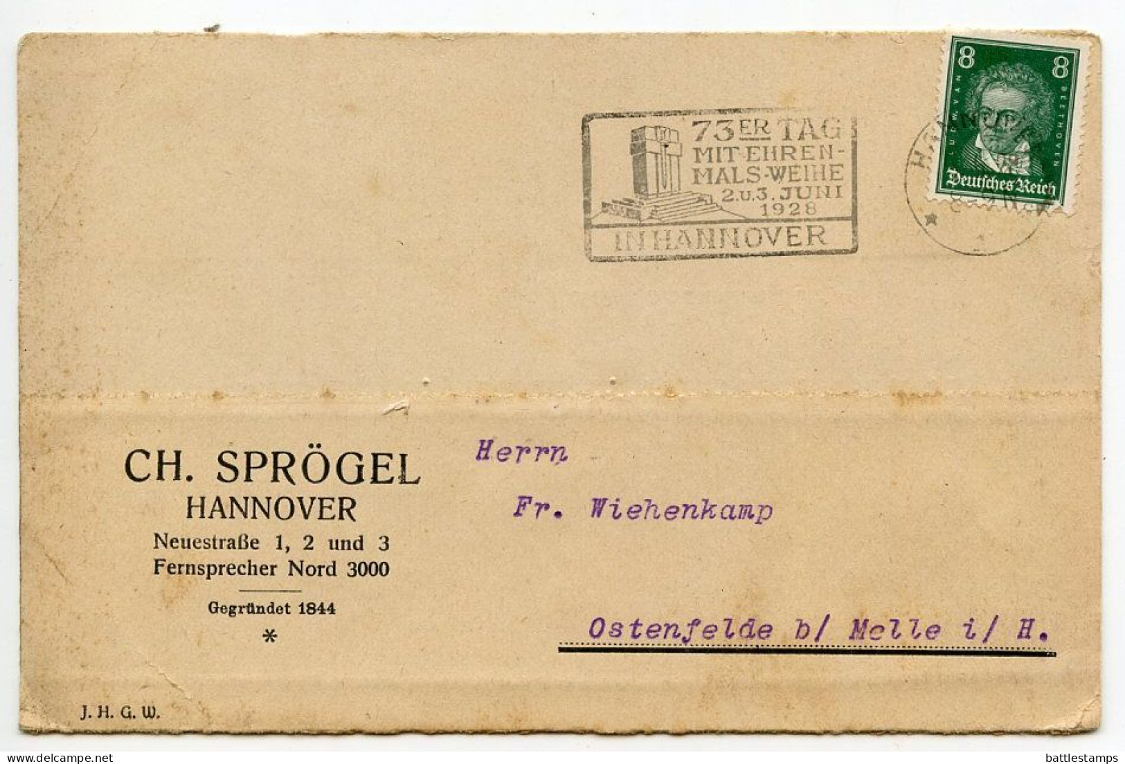 Germany 1928 Postcard; Hannover - Ch. Sprögel To Ostenfelde; 8pf. Beethoven; Tag Mit Ehrenmals-Weihe Slogan Cancel - Storia Postale