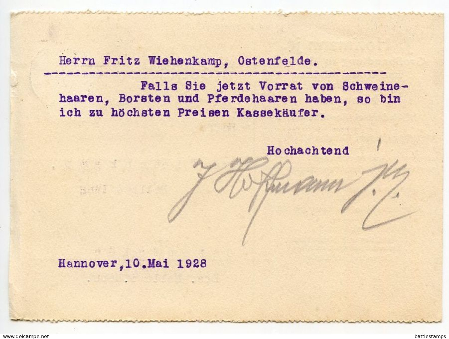Germany 1928 Postcard; Hannover-Linden - J. Hoffman Jr, Großhandlung In Metallen Und Rohprodukten; 8pf. Beethoven - Brieven En Documenten