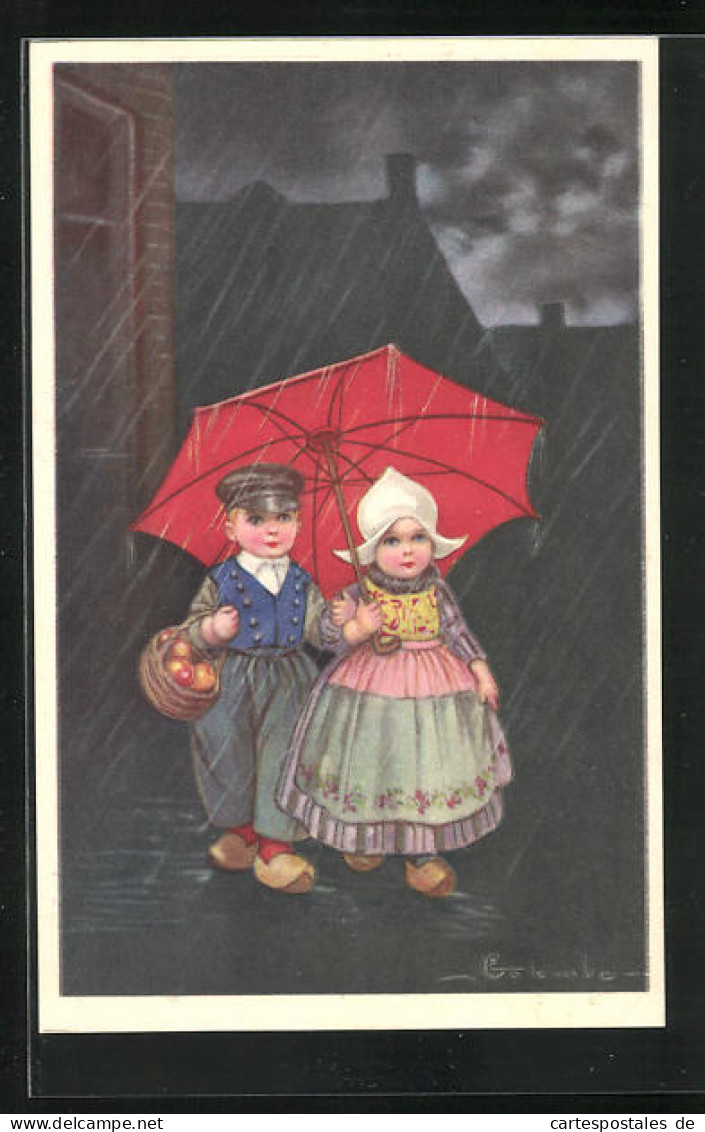Künstler-AK E. Colombo: Kleine Holländer In Tracht Mit Regenschirm  - Colombo, E.