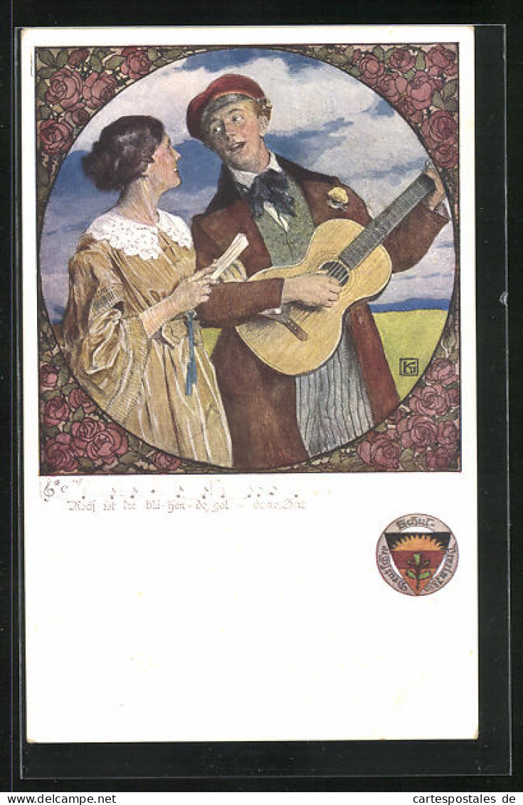 Künstler-AK Karl Friedrich Gsur, Deutscher Schulverein Nr. 459: Frau Und Mann Mit Gitarre Singen Gemeinsam  - Guerre 1914-18