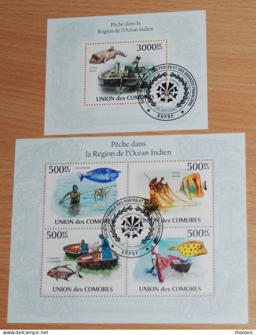 COMORES 2010, Fish, Fishes, Fishing, Animals, Fauna, Souvenir Sheets, Used - Fische