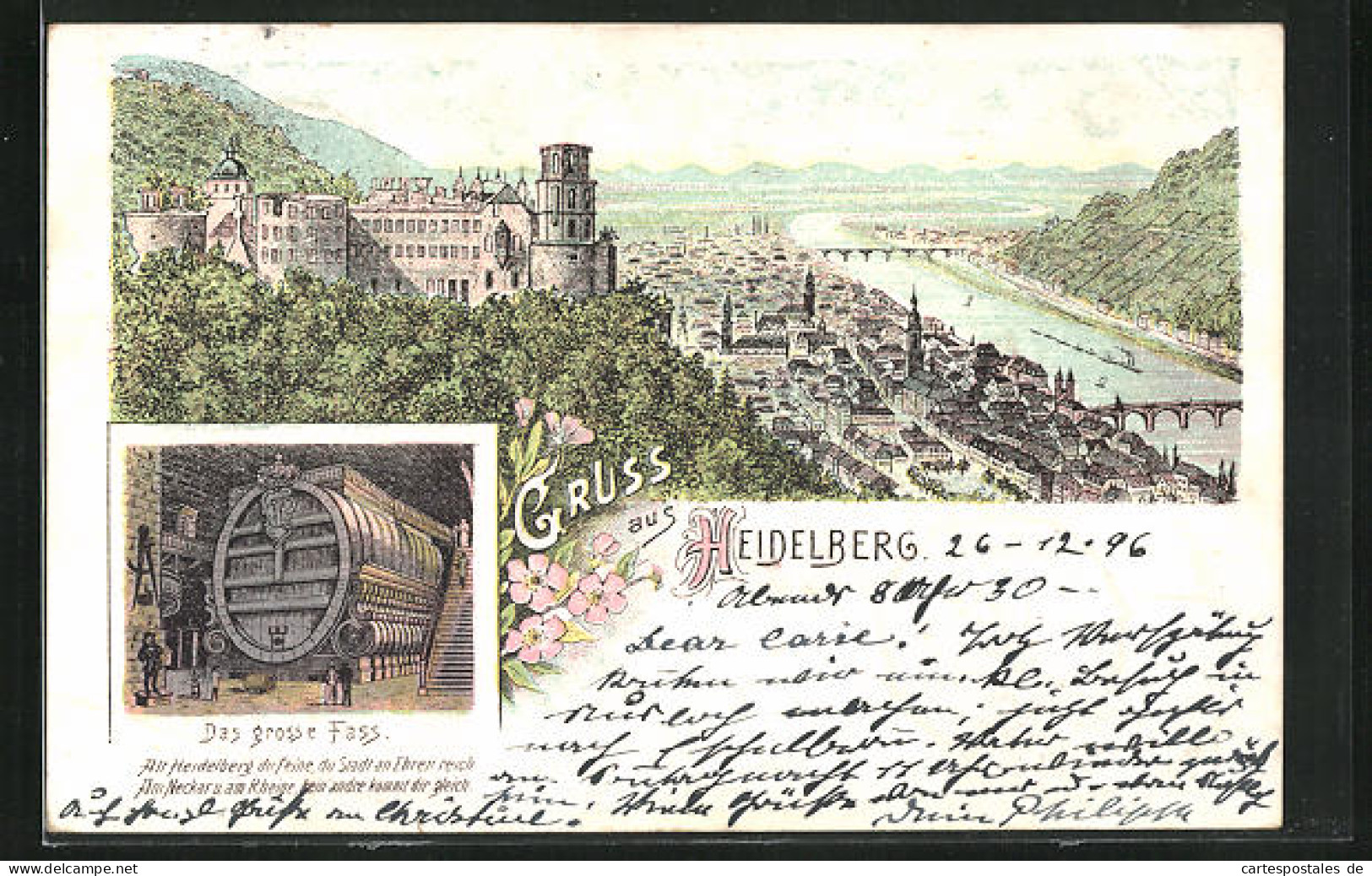 Lithographie Heidelberg, Panorama Mit Stadt Und Schloss, Grosses Fass Im Schloss  - Heidelberg