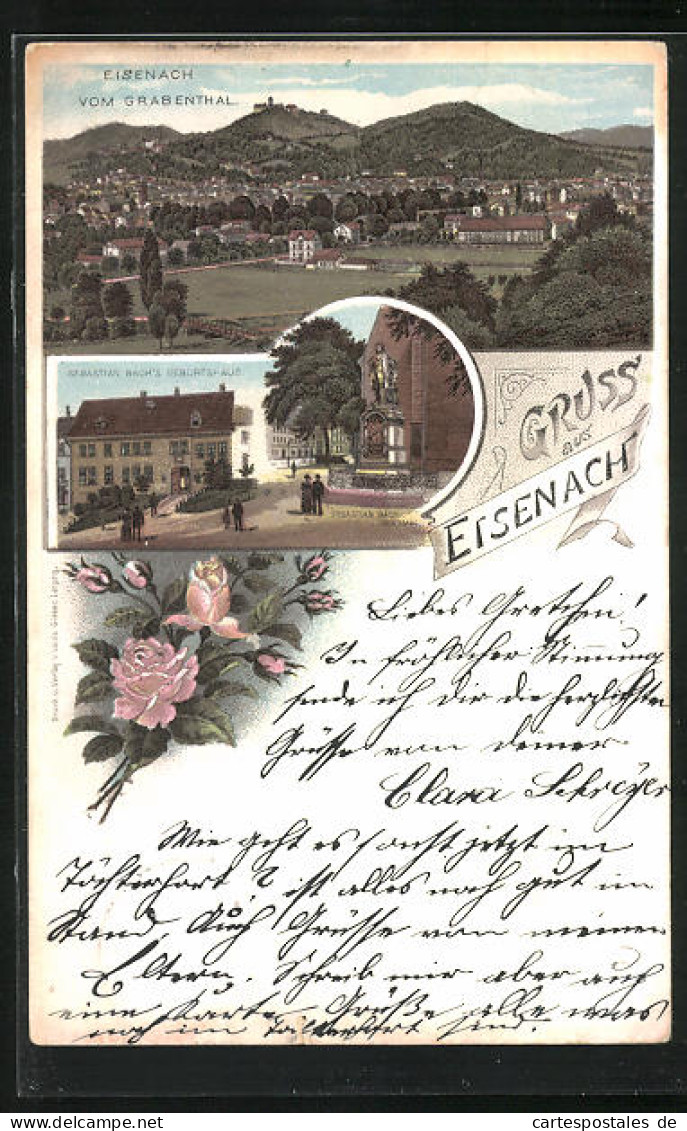Lithographie Eisenach, Teilansicht Vom Grabenthal Aus Gesehen, Sebastian Bach`s Geburtshaus Und Sebastian Bach-Denkmal  - Eisenach