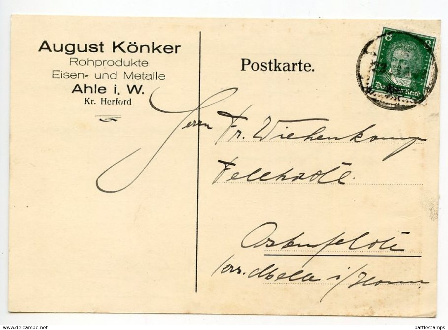 Germany 1928 Postcard; Ahle I.W. - August Könker, Rohprodukte Eisen- Und Metalle To Ostenfelde; 8pf. Beethoven - Cartas & Documentos