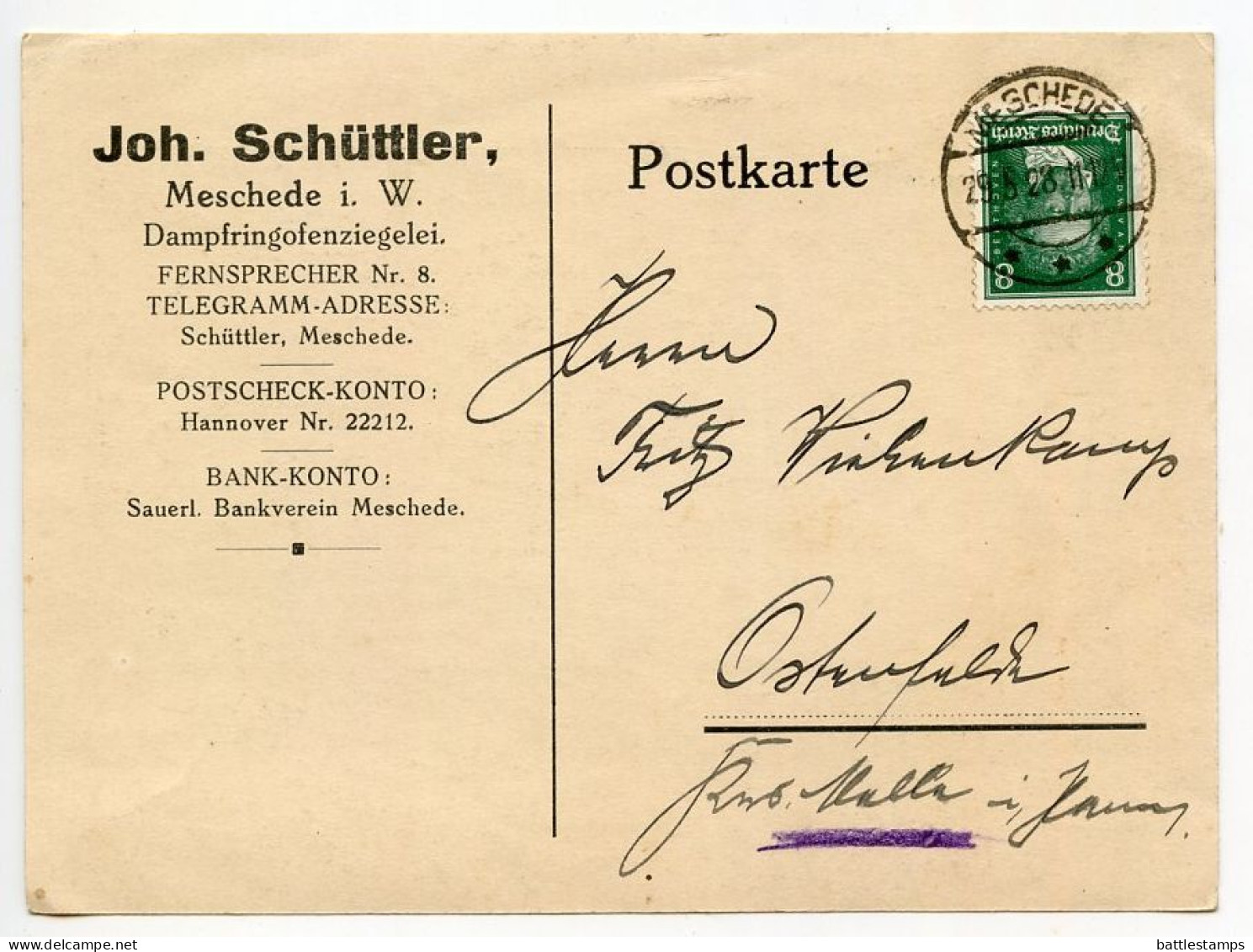 Germany 1928 Postcard; Meschede - Jon. Schüttler, Dampfringofenziegelei To Ostenfelde; 8pf. Beethoven - Covers & Documents