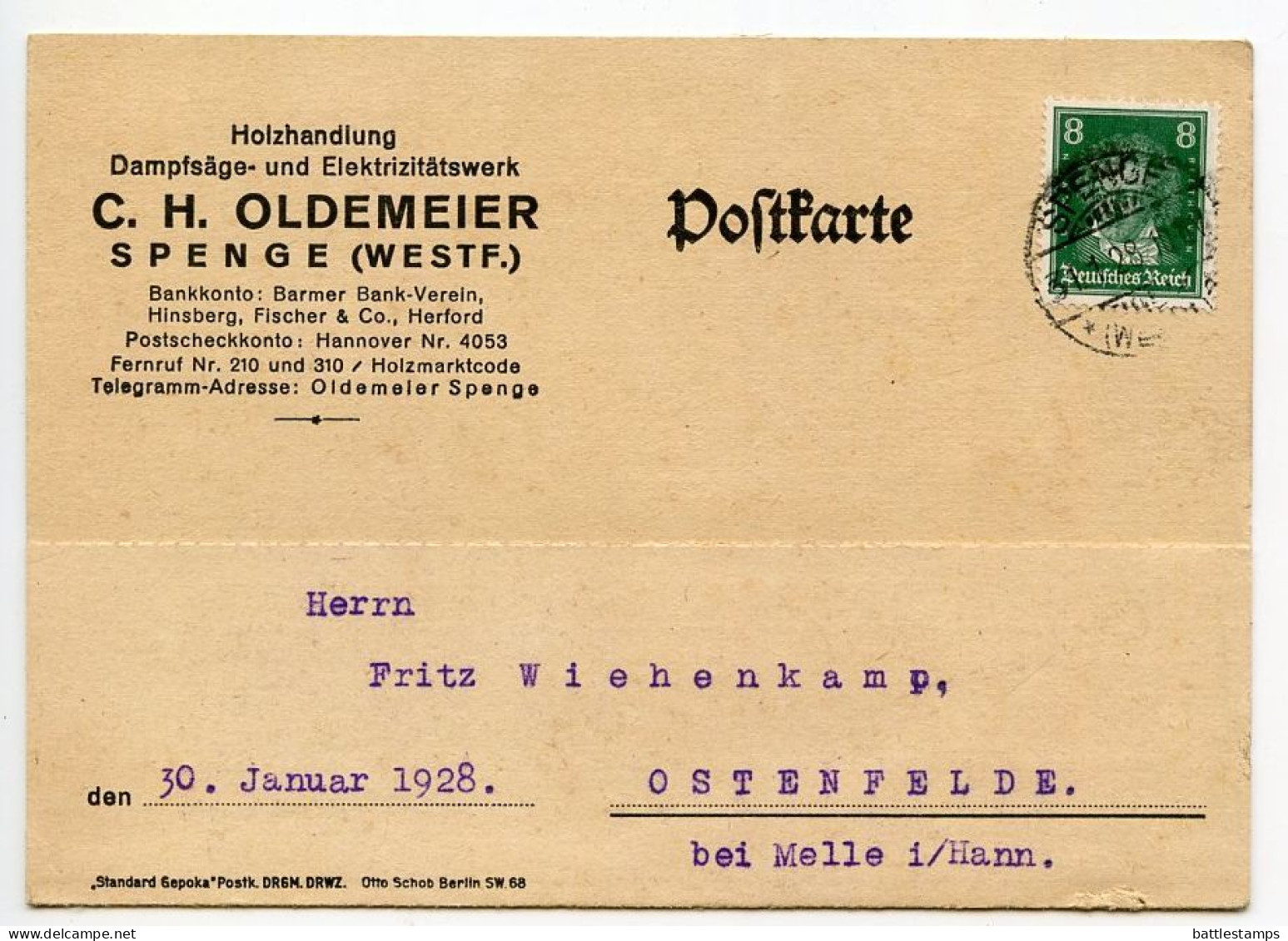 Germany 1928 Postcard; Spenge (Westf.) - C.H. Oldemeier, Holzhandlung Dampfsäge- Und Elektrizitätswerk; 8pf. Beethoven - Briefe U. Dokumente