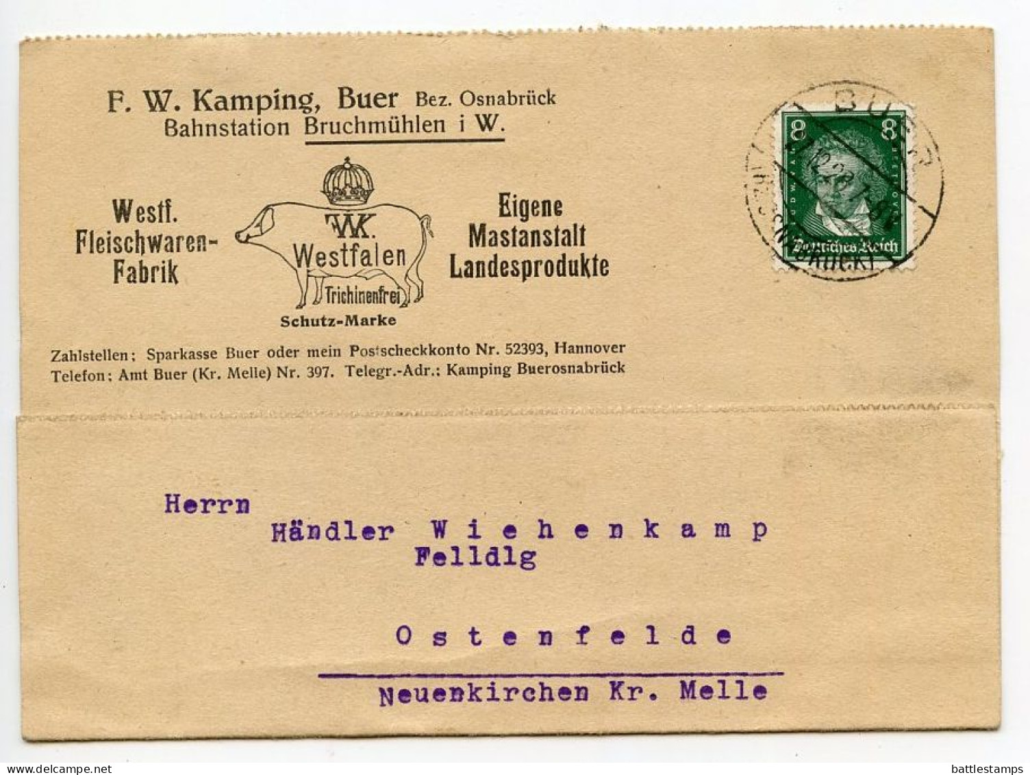 Germany 1928 Postcard; Buer (Bz. Osnabrück) - F.W. Kamping, Fleischwaren-Fabrik To Ostenfelde; 8pf. Beethoven - Covers & Documents