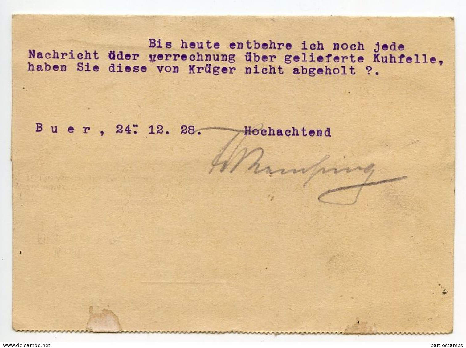 Germany 1928 Postcard; Buer (Bz. Osnabrück) - F.W. Kamping, Fleischwaren-Fabrik To Ostenfelde; 8pf. Beethoven - Covers & Documents