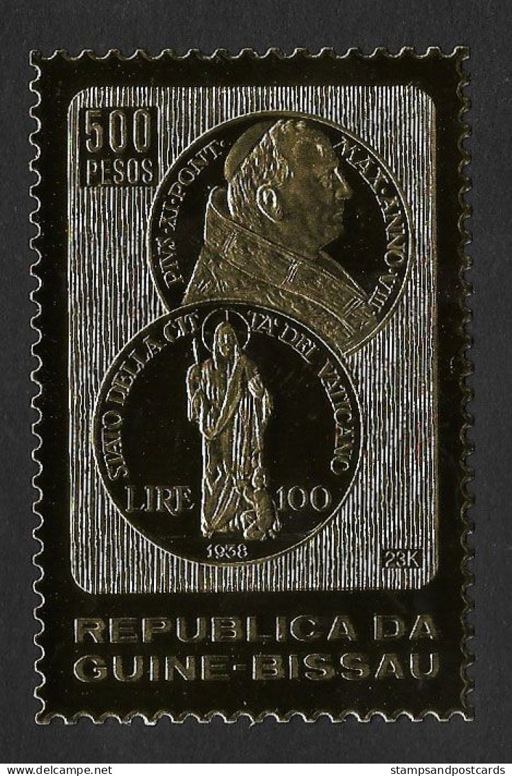 Guinée-Bissau Rare Timbre Or Monnaie 1938 100 Lire Vatican Pape Pius XI 1982 ** Guinea Bissau Gold Stamp Vatican Coin - Papi
