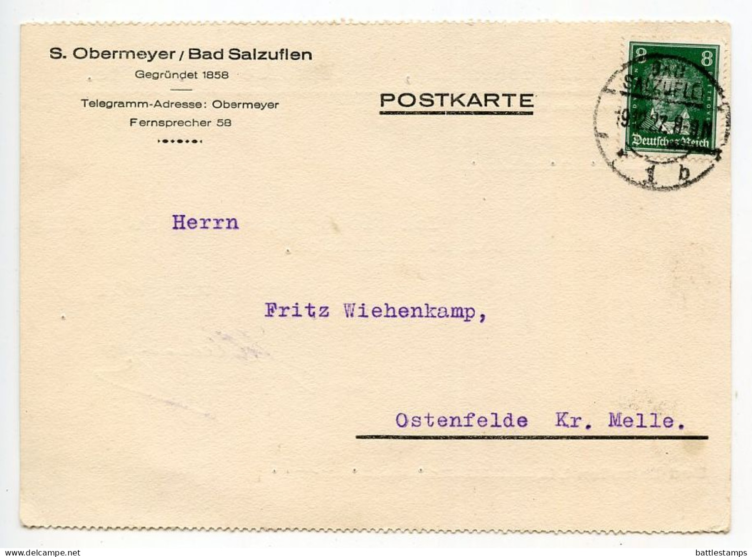 Germany 1927 Postcard; Bad Salzuflen - S. Obermeyer To Ostenfelde; 8pf. Beethoven - Cartas & Documentos