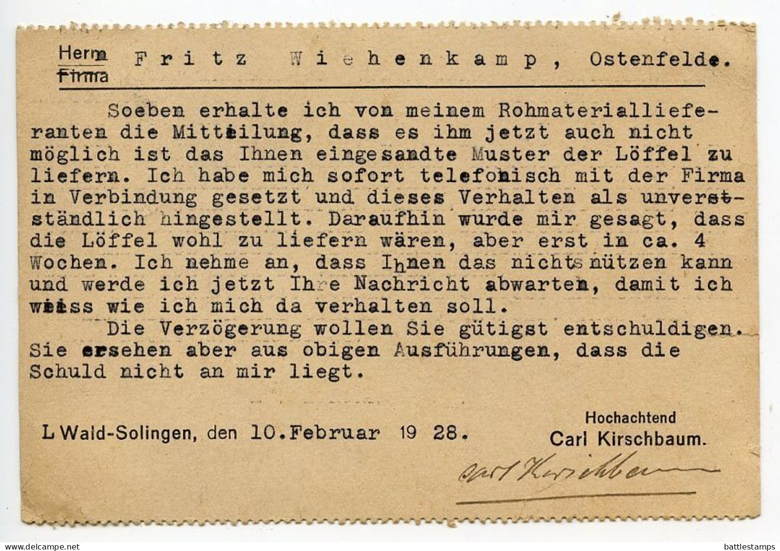 Germany 1928 Postcard; Haan - Carl Kirschbaum, Metall Und Stahlwaren-Fabrik, Hartlöterei To Ostenfelde; 8pf. Beethoven - Brieven En Documenten