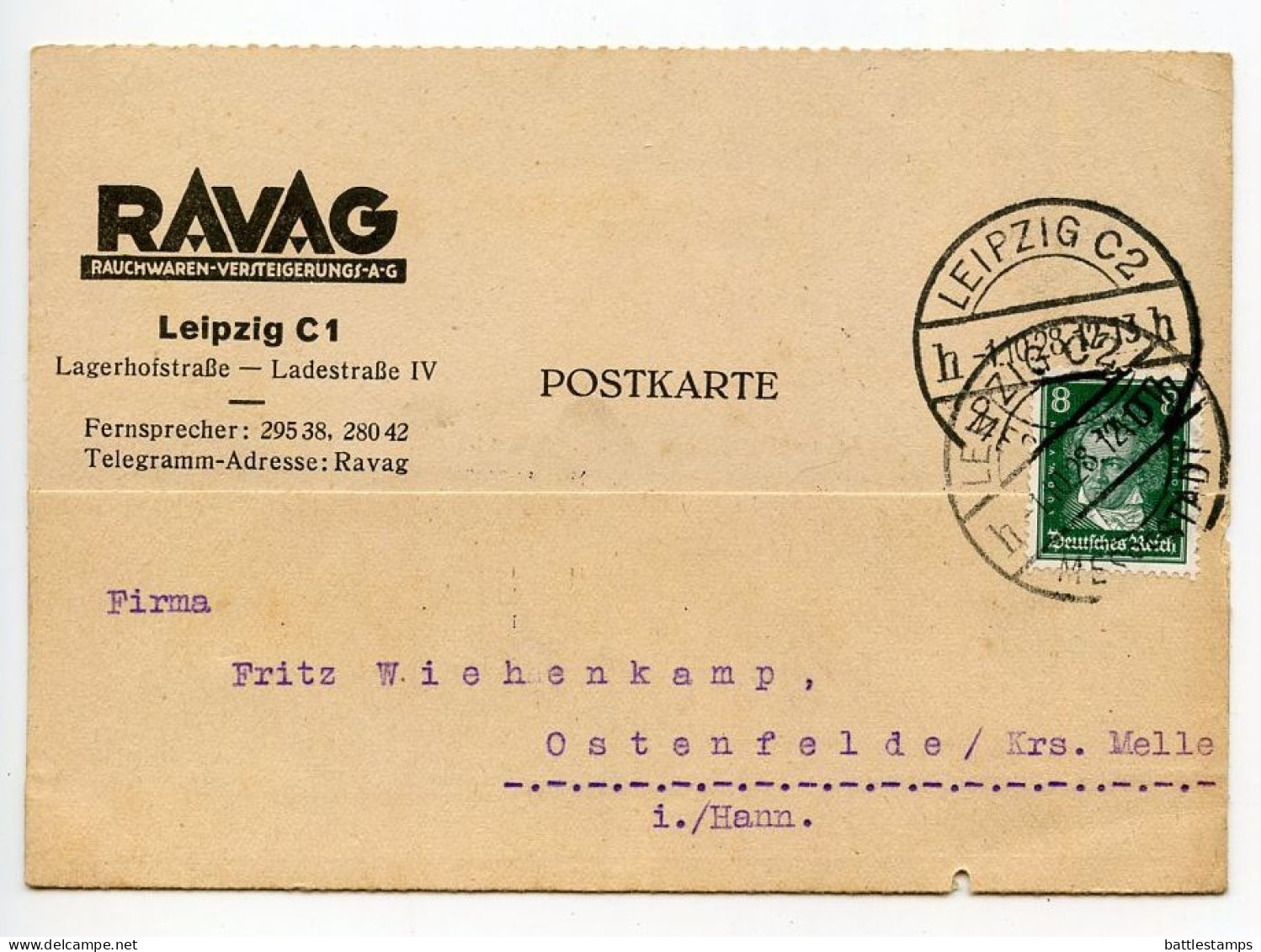 Germany 1928 Postcard; Leipzig (Messestadt) - RAVAG, Rauchwaren-Versteigerungs To Ostenfelde; 8pf. Beethoven - Lettres & Documents