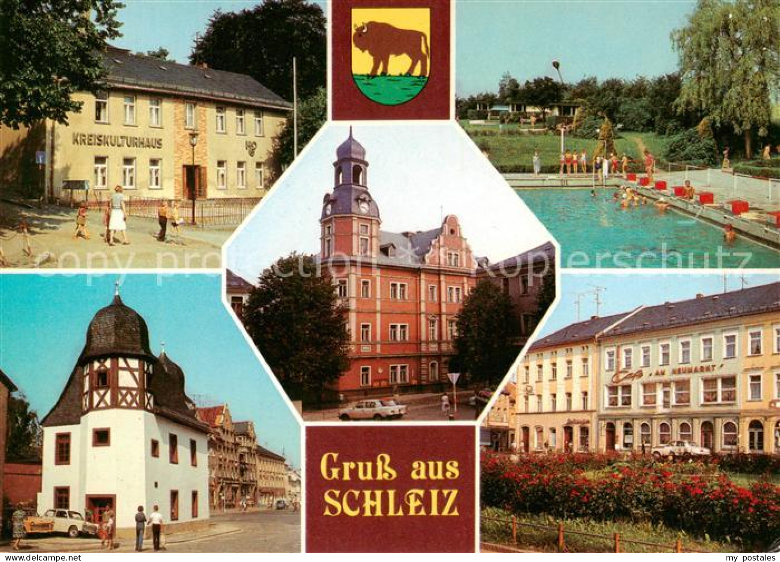 73830514 Schleiz Kreiskulturhaus Rathaus Schwimmbad Historische Muenze Neumarkt  - Schleiz