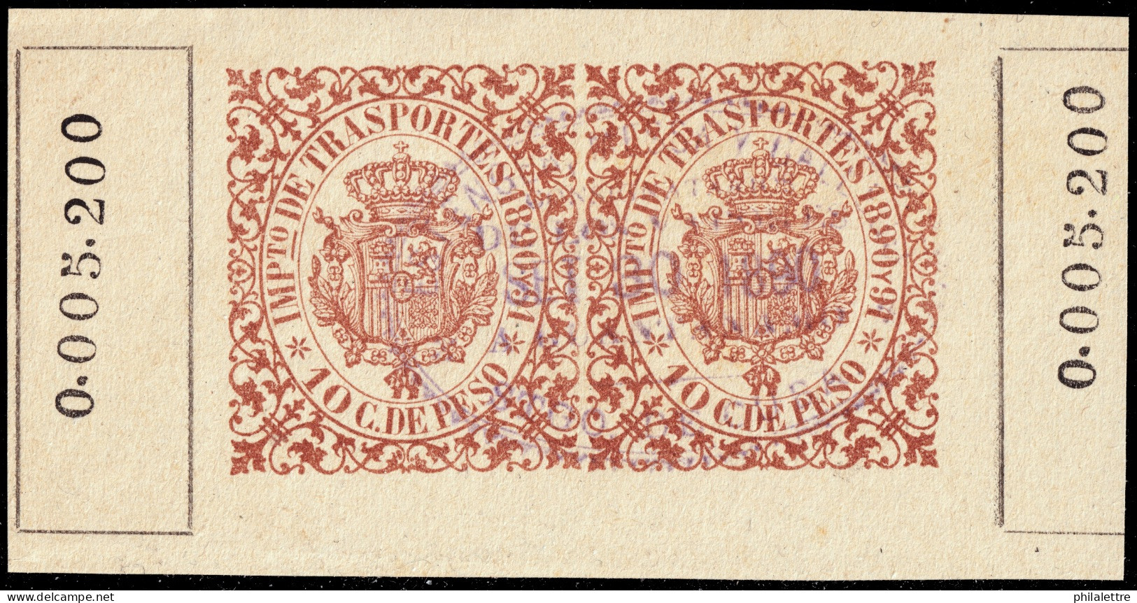 ESPAGNE / ESPANA - COLONIAS (Cuba) 1890/91 "IMPto De TRASPORTES" Fulcher 1358 2x 10c Castano Naranja - Usado (0.005.200) - Cuba (1874-1898)